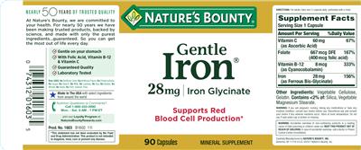 Photo of the Nature's Bounty Gentle Iron 28 mg label