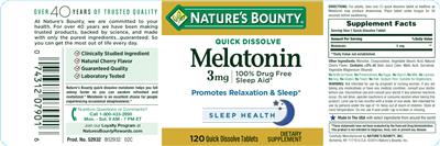 Photo of the Nature's Bounty Quick Dissolve Melatonin 3 mg label