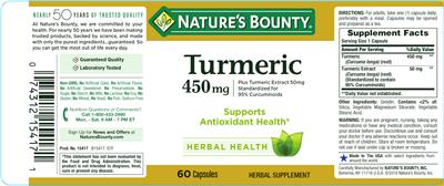 Photo of the Nature's Bounty Turmeric 450 mg label