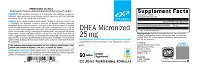 Photo of the XYMOGEN DHEA Micronized 25 mg label