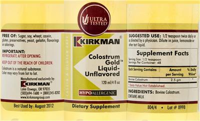 Photo of the Kirkman Colostrum Gold Liquid-Unflavored label