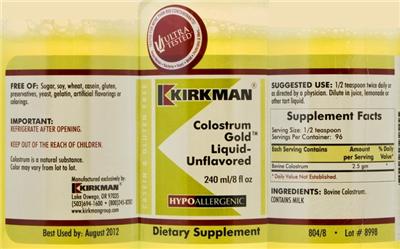 Photo of the Kirkman Colostrum Gold Liquid-Unflavored label