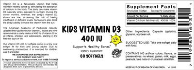 Photo of the Vitamer Laboratories Kids Vitamin D3 400 IU label