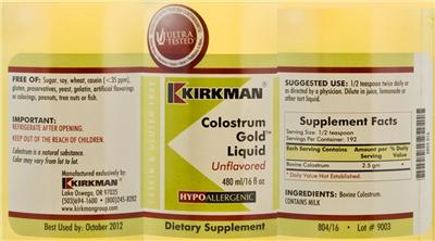 Photo of the Kirkman Colostrum Gold Liquid Unflavored label