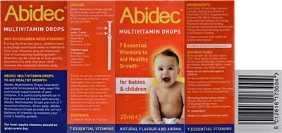 Photo of the Omega Pharma Abidec Multivitamin Drops for Babies & Children label