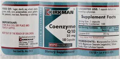 Photo of the Kirkman Coenzyme Q10 25 mg label