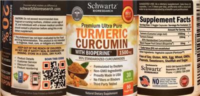 Photo of the Schwartz Bioresearch Premium Ultra Pure Turmeric Curcumin 1500 mg with BioPerine label