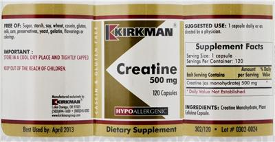 Photo of the Kirkman Creatine 500 mg label