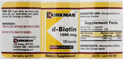 Photo of the Kirkman D-Biotin 1000 mcg label