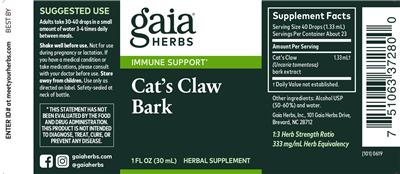 Photo of the Gaia Herbs Cat's Claw Bark label