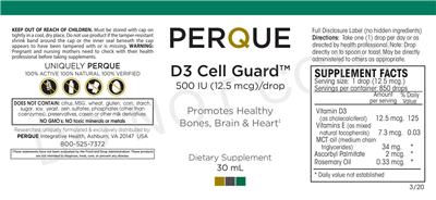 Photo of the Perque D3 Cell Guard 500 IU (12.5 mcg) label
