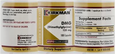 Photo of the Kirkman DMG (Dimethylglycine) 125 mg label