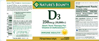 Photo of the Nature's Bounty D3 250 mcg (10,000 IU) label