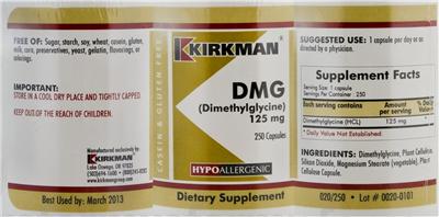 Photo of the Kirkman DMG (Dimethylglycine) 125 mg label