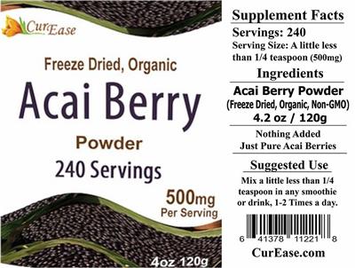 Photo of the CurEase Freeze Dried, Organic Acai Berry Powder label