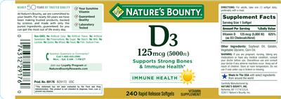 Photo of the Nature's Bounty D3 125 mcg (5000 IU) label