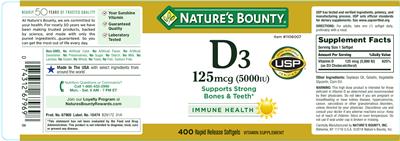 Photo of the Nature's Bounty D3 125 mcg (5000 IU) label