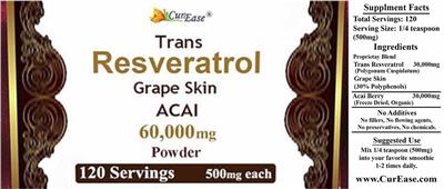 Photo of the CurEase Trans Resveratrol Grape Skin Acai Powder label