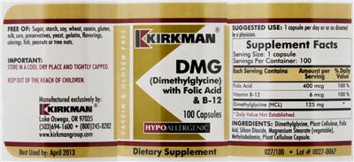 Photo of the Kirkman DMG (Dimethylglycine) With Folic Acid & B-12 label