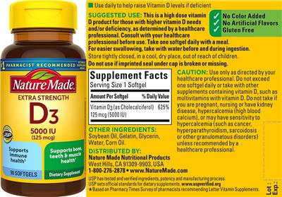 Photo of the Nature Made Extra Strength D3 5000 IU (125 mcg) label