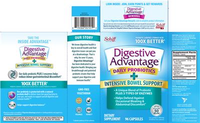 Product label for Digestive Advantage Daily Probiotics + Intensive Bowel Support