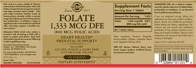 Folate 1,333 MCG DFE (Folic Acid 800 mcg) のラベル画像（NIH DSLD）