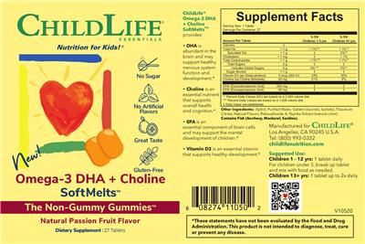 Photo of the ChildLife Essentials Omega-3 DHA + Choline SoftMelts Natural Passion Fruit Flavor label
