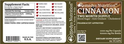 Photo of the Remedys Nutrition Cinnamon 1000 mg label