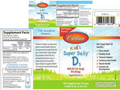 Photo of the Carlson Kid's Super Daily D3 600 IU (15 mcg) label