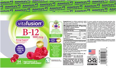 Photo of the vitafusion B-12 1000 mcg Natural Raspberry Flavor label