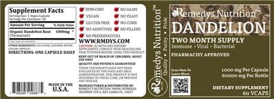 Photo of the Remedys Nutrition Dandelion 1000 mg label