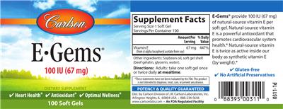Photo of the Carlson E-Gems 100 IU (67 mg) label