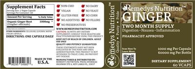 Photo of the Remedys Nutrition Ginger 1000 mg label