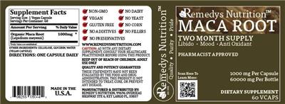Photo of the Remedys Nutrition Maca Root 1000 mg label