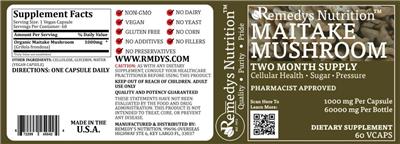 Photo of the Remedys Nutrition Maitake Mushroom 1000 mg label