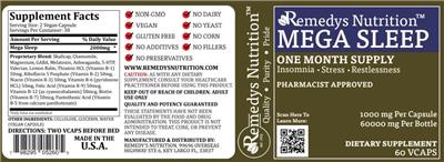 Photo of the Remedys Nutrition Mega Sleep 1000 mg label