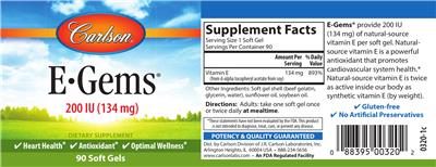 Photo of the Carlson E-Gems 200 IU (134 mg) label