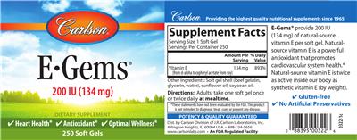 Photo of the Carlson E-Gems 200 IU (134 mg) label