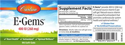 Photo of the Carlson E-Gems 400 IU (268 mg) label