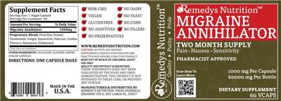 Photo of the Remedys Nutrition Migraine Annihilator 1000 mg label