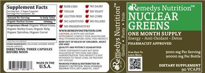Photo of the Remedys Nutrition Nuclear Greens 3000 mg label