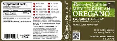 Photo of the Remedys Nutrition Mediterranean Oregano 1000 mg label