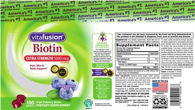 Photo of the vitafusion Biotin 5000 mcg Extra Strength Natural Blueberry Flavor label