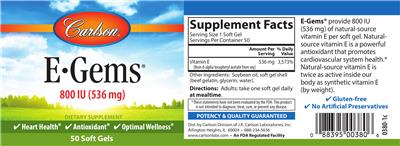 Photo of the Carlson E-Gems 800 IU (536 mg) label