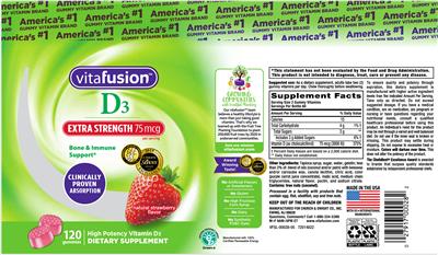 Photo of the vitafusion D3 75 mcg Extra Strength Gummies Natural Strawberry Flavor label