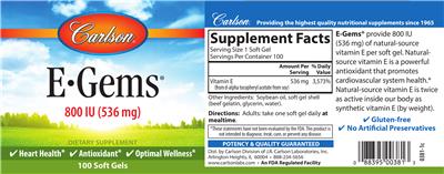 Photo of the Carlson E-Gems 800 IU (536 mg) label