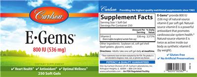 Photo of the Carlson E-Gems 800 IU (536 mg) label
