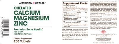 Photo of the American Health Chelated Calcium Magnesium Zinc label