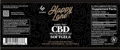 Photo of the CV Sciences Happy Lane CBD Softgels 25 mg label