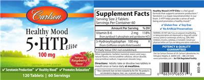 Photo of the Carlson Healthy Mood 5-HTP Elite 100 mg Natural Raspberry Flavor label
